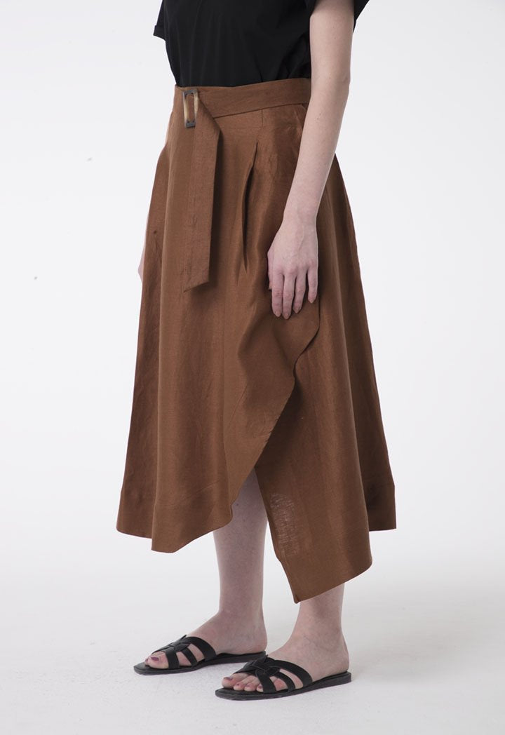 Apanage Linen Overlap Belted A-Line Skirt Brown