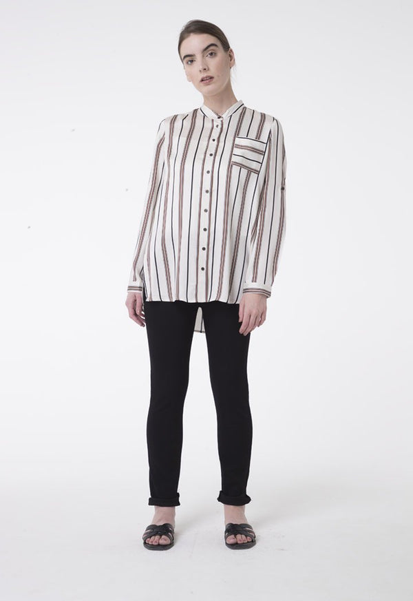 Apanage Striped Long Sleeve Single Pocket Dip Hem Shirt Multi Color
