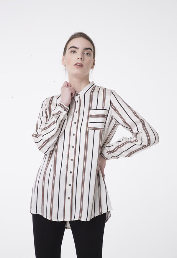 Apanage Striped Long Sleeve Single Pocket Dip Hem Shirt Multi Color