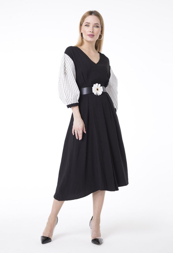 BERRIN Long Sleeve Pleated Belted Dress BLACK