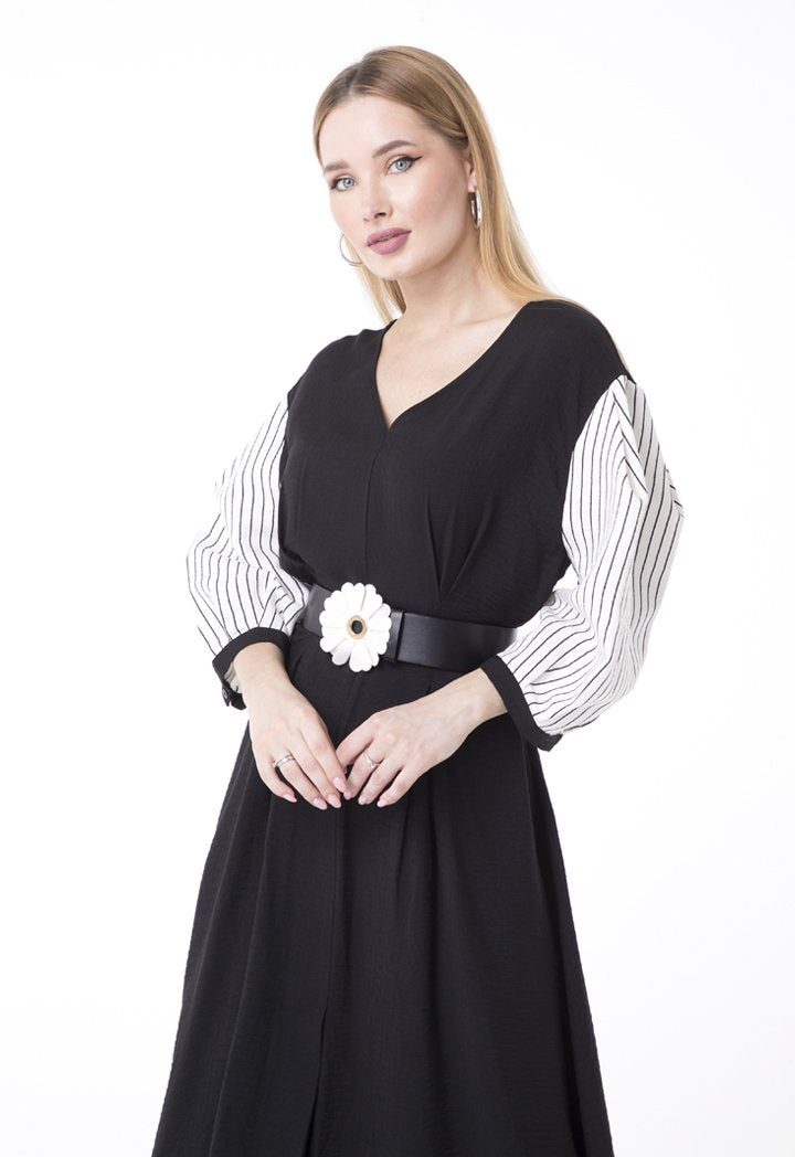 BERRIN Long Sleeve Pleated Belted Dress BLACK