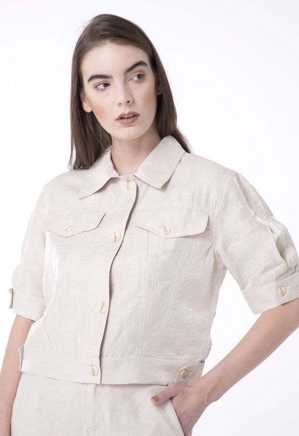 BERRIN Glitter Short Sleeve Double Pocket Shirt Jacket BEIGE