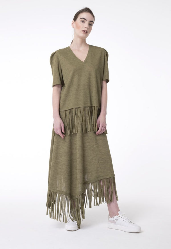 BERRIN Asymmetrical Fringe Hem Skirt KHAKI