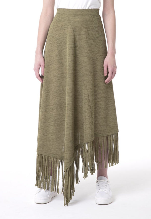 BERRIN Asymmetrical Fringe Hem Skirt KHAKI