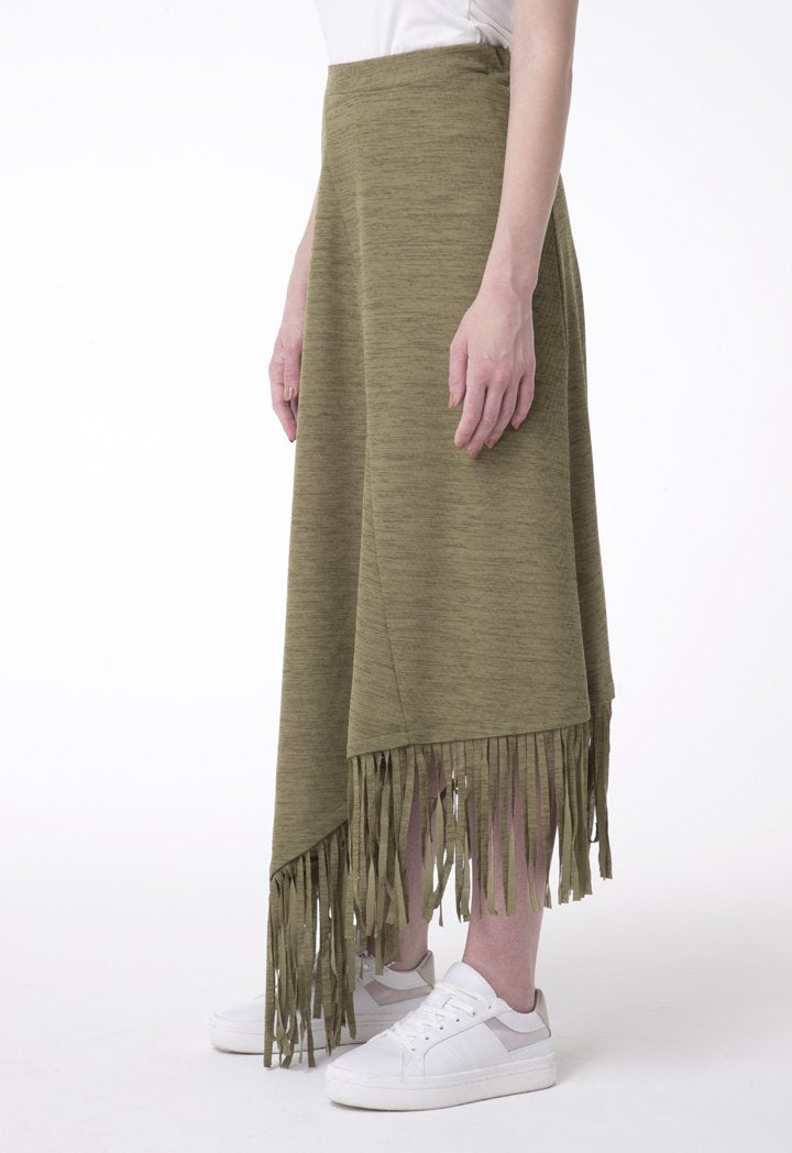 BERRIN Asymmetrical Fringe Hem Skirt KHAKI