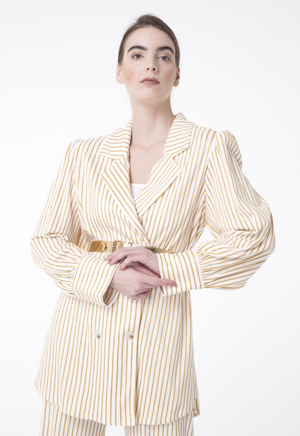 BERRIN Striped Notch Collar Double Breasted Belted Jacket ECRU