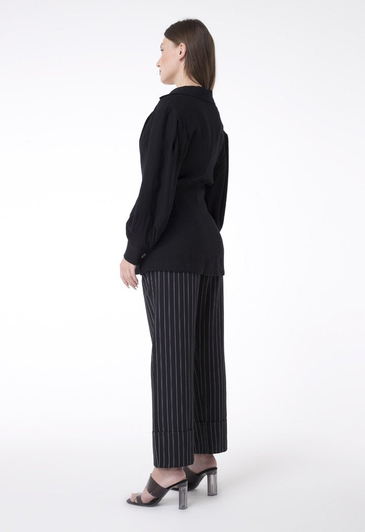 BERRIN Striped High Waist Belted Trouser BLACK