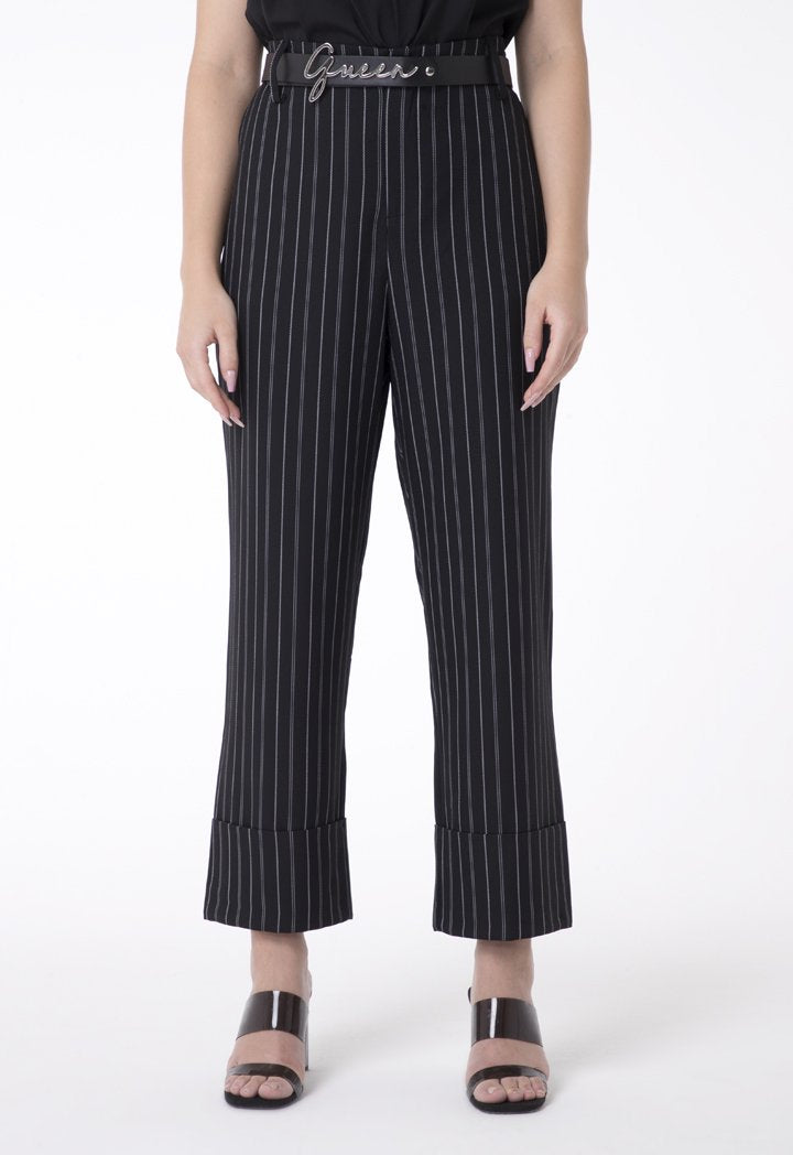 BERRIN Striped High Waist Belted Trouser BLACK