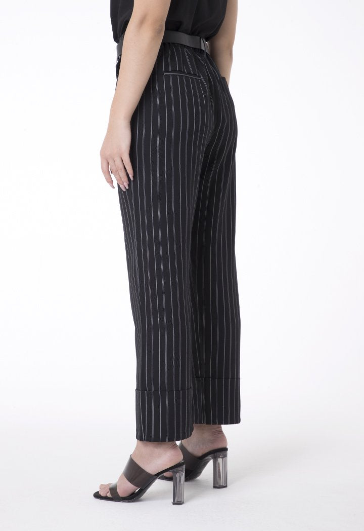 BERRIN Striped High Waist Belted Trouser BLACK