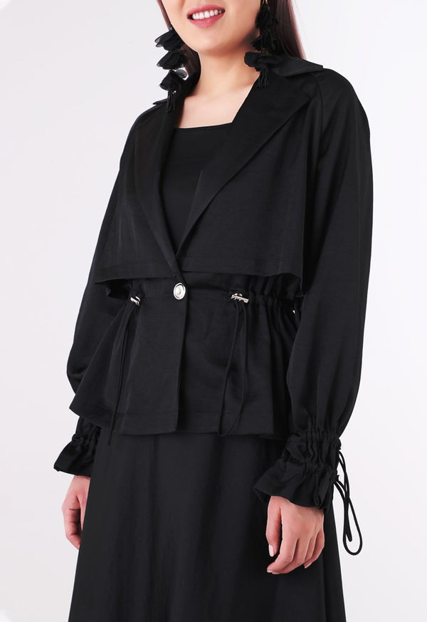 BERRIN Plain Drawstring Waist Short Jacket BLACK