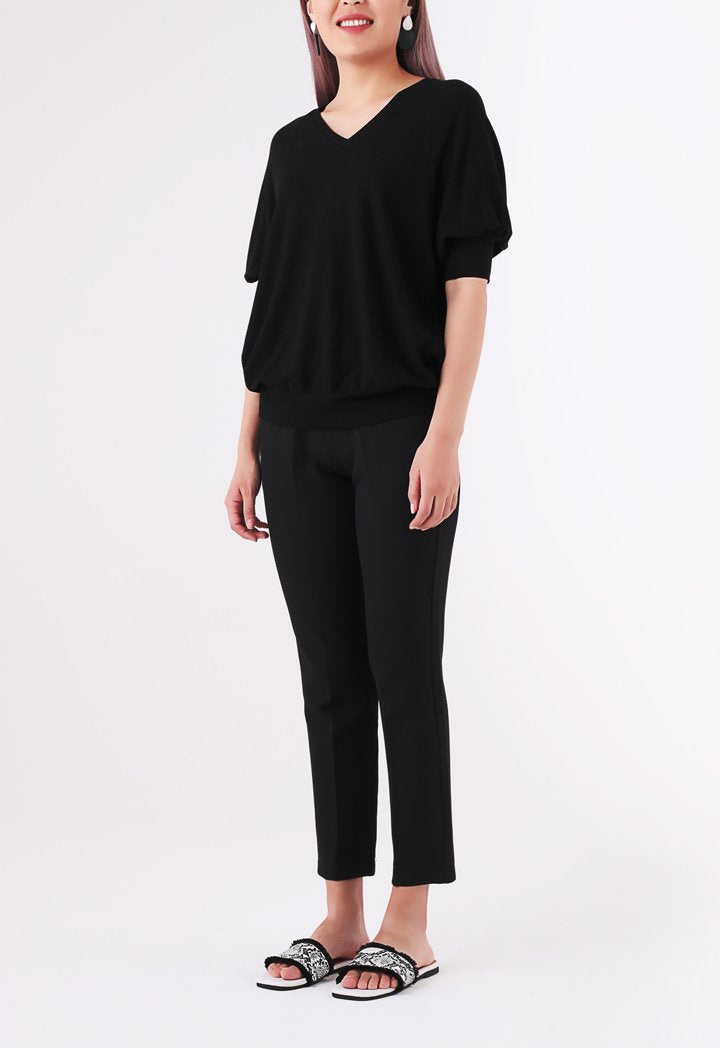 BERRIN Puff-Sleeve Short Sleeve Knit Sweater BLACK