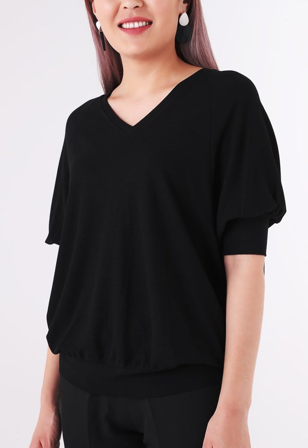 BERRIN Puff-Sleeve Short Sleeve Knit Sweater BLACK