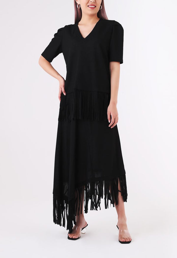 BERRIN Short Sleeve Fringe Hem Knit Sweater BLACK