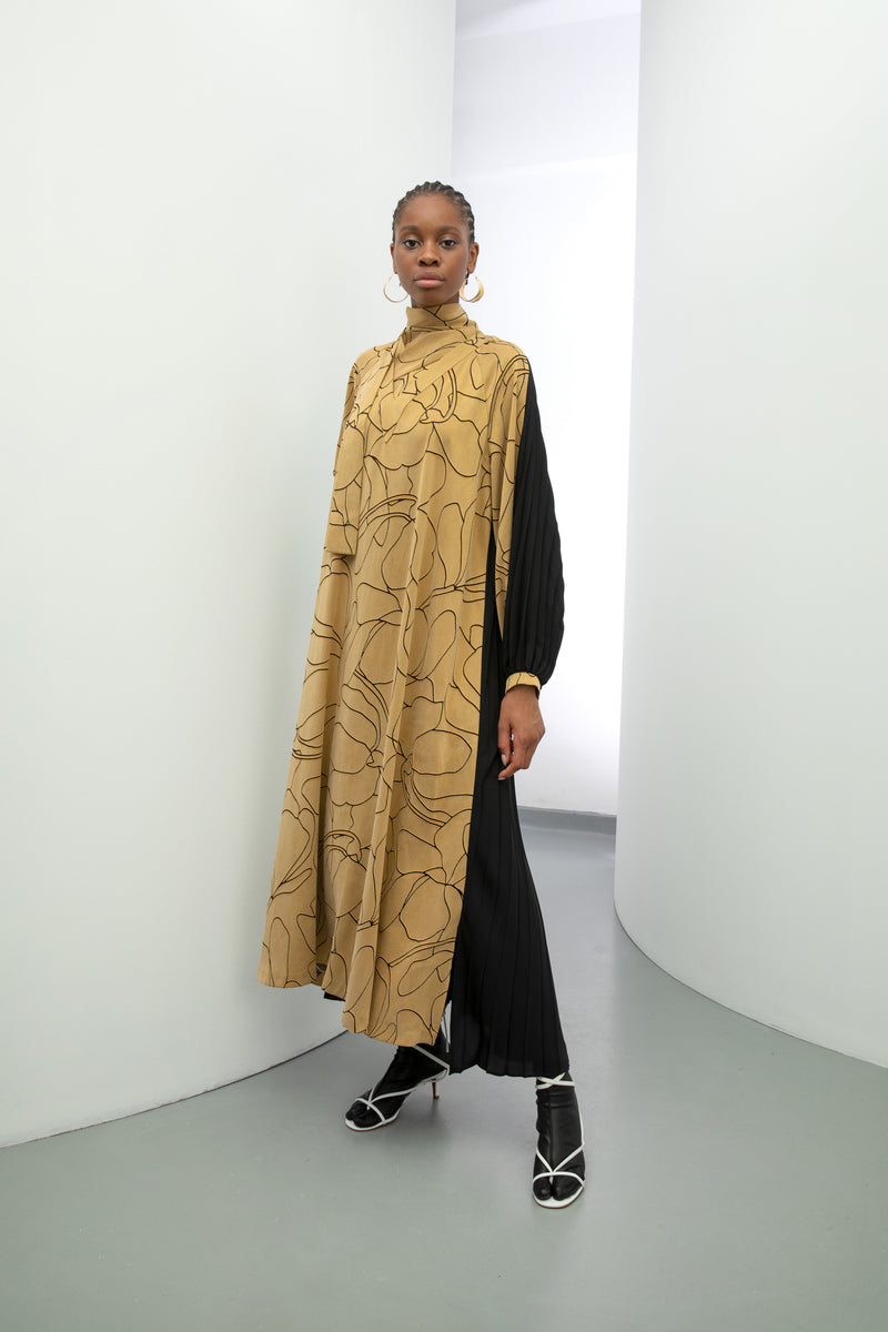 Baqa Embroidered Pleated Dress Camel