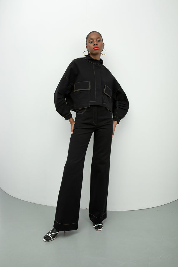 Baqa Denim Contrast Stitched Trouser Black