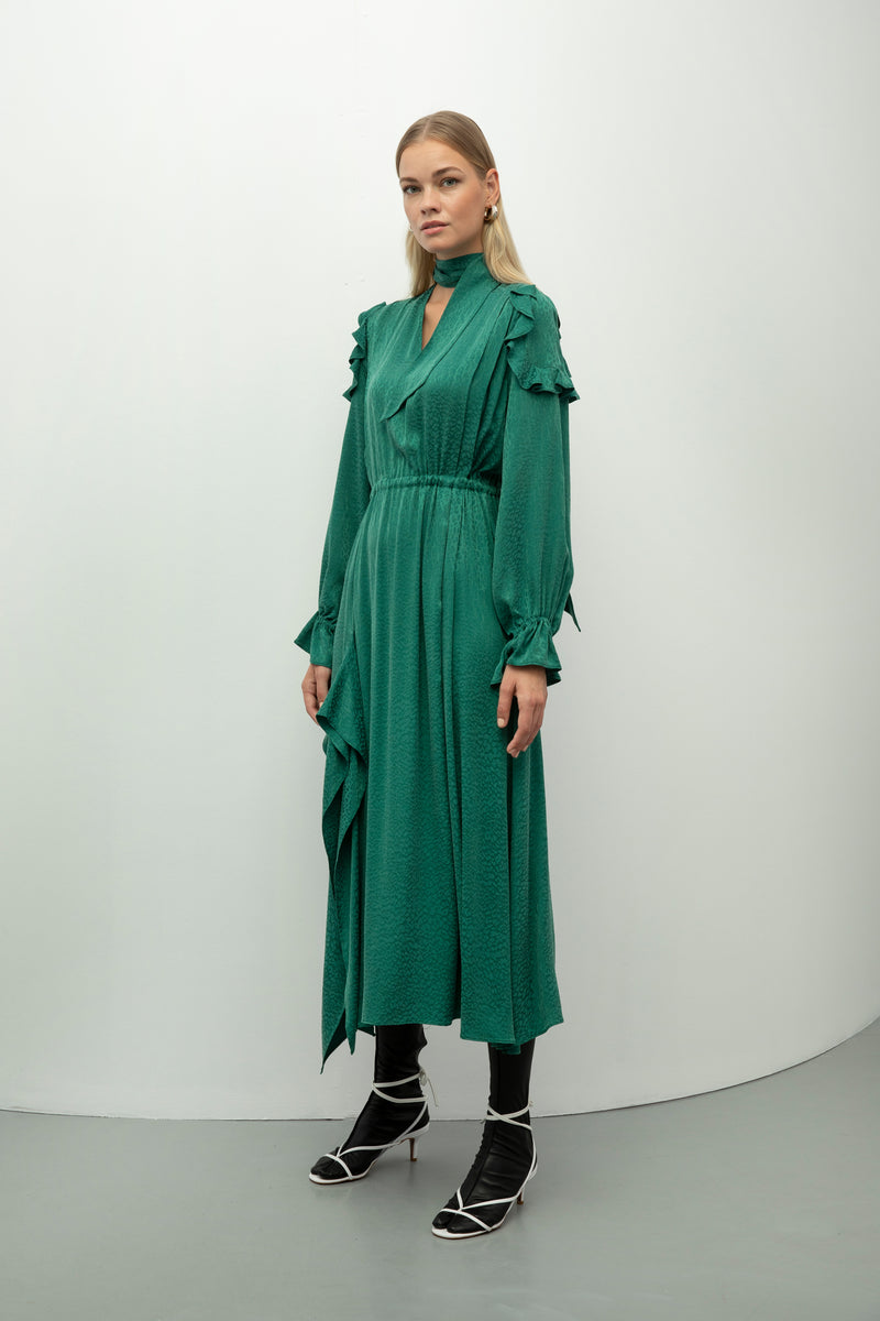 Baqa Ruffle Detail Midi Dress Green