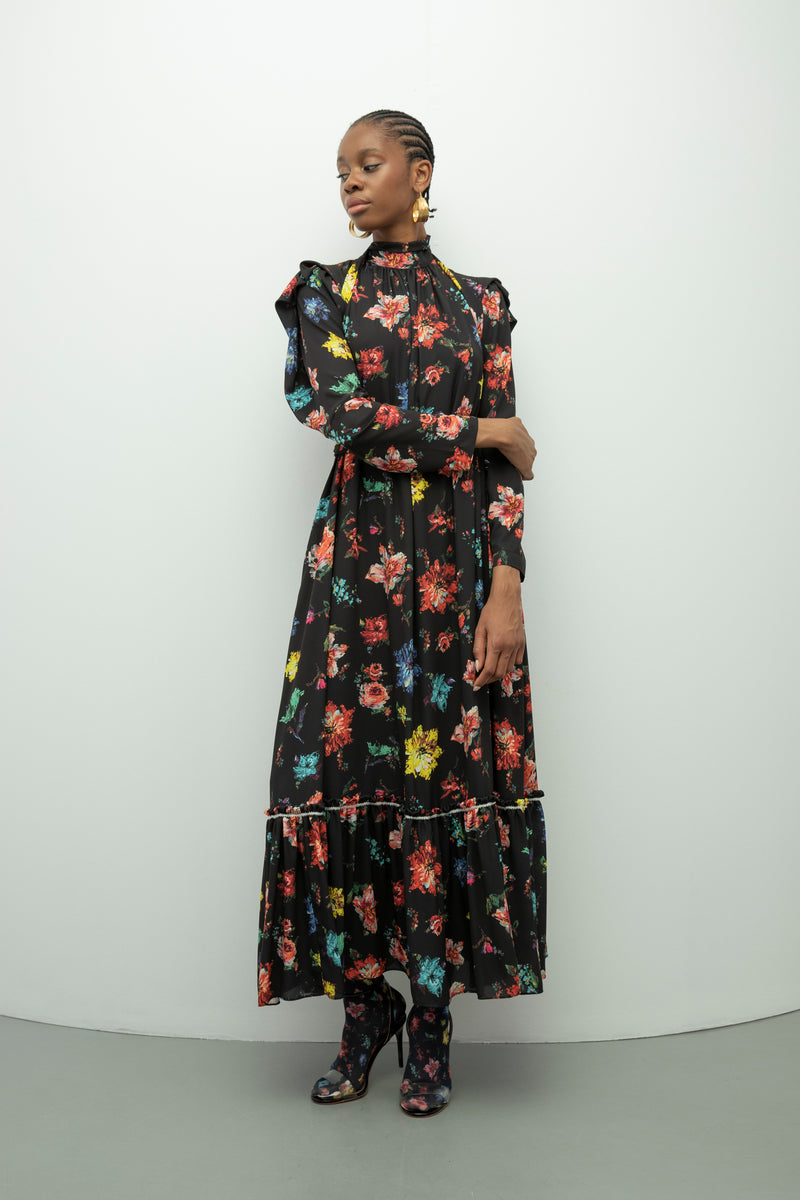 Baqa Floral Shoulder Detail Dress Black