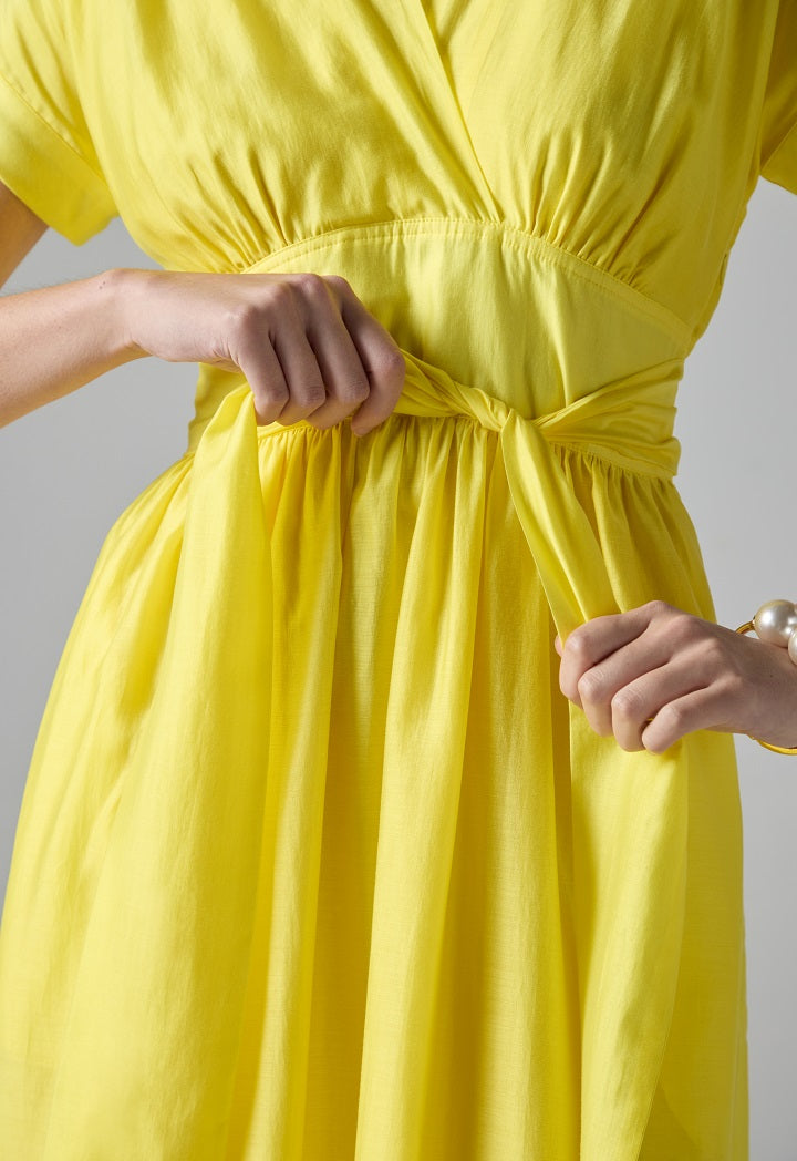 Choice Solid Short Sleeve Belted Dress Yellow