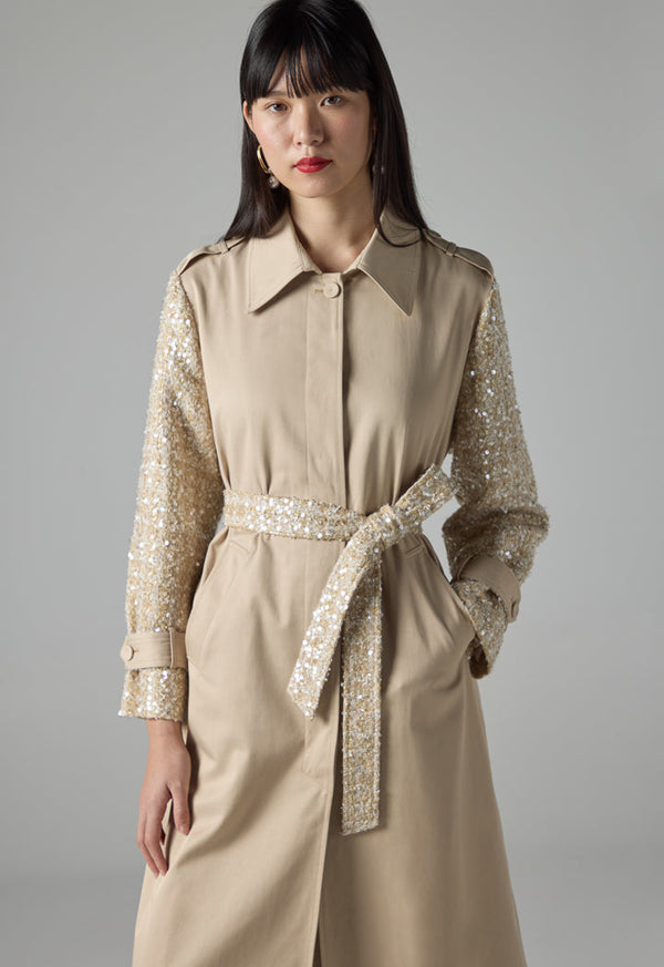 Choice Long Sleeve Sequin Belted Trench Coat Beige