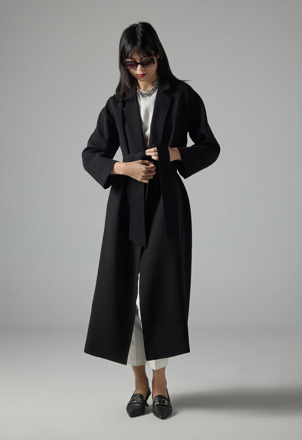 Choice Solid Pleated Belted Trench Coat Black