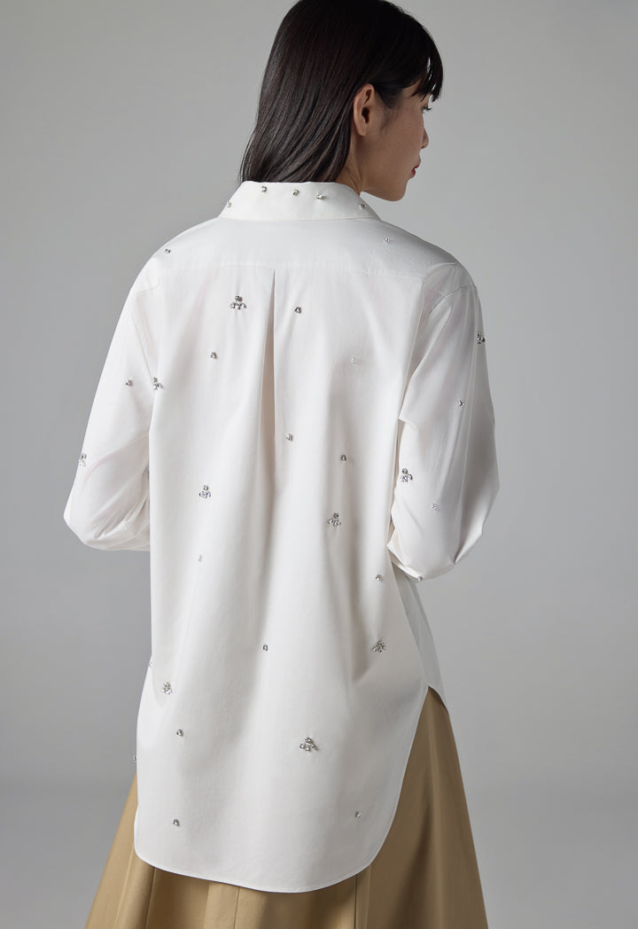 Choice Solid Embellished Rhinestones Shirt Off White