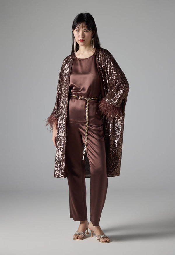 Choice Long Sleeve Sequin Kimono Brown