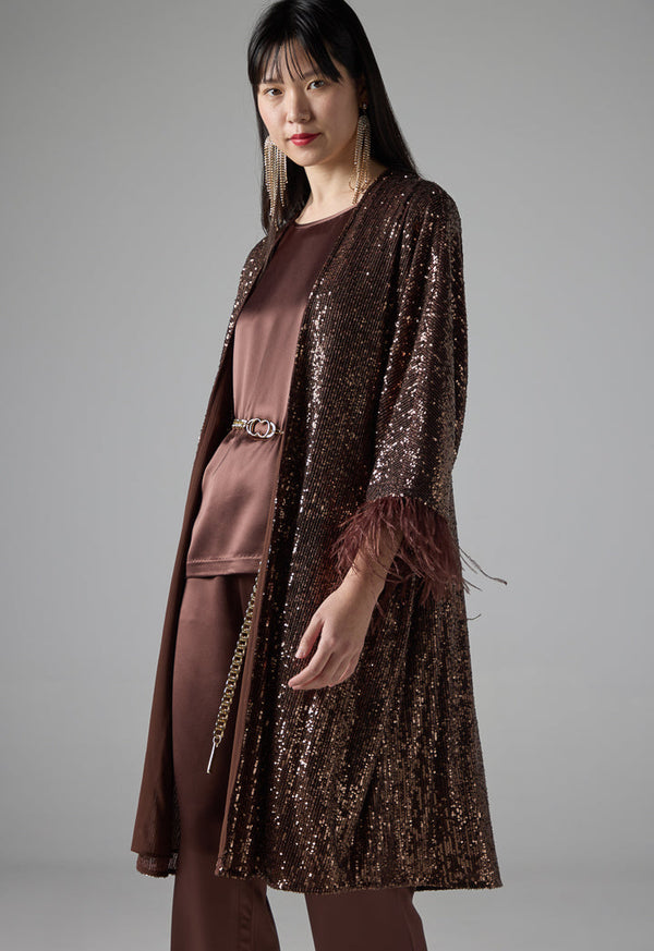 Choice Long Sleeve Sequin Kimono Brown