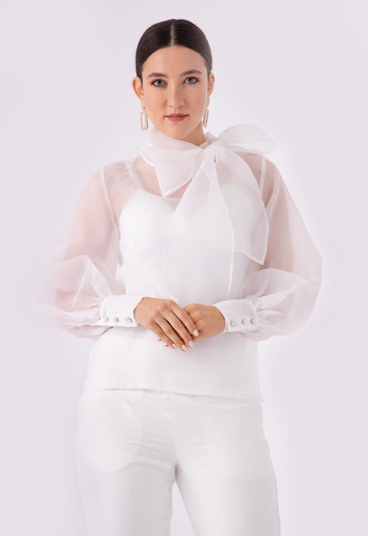 Choice Back Bow Tie Neck Organza Blouse Off White