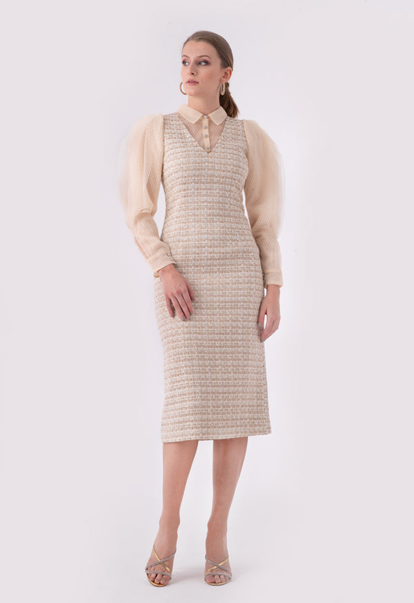 Choice Lurex Tweed Lace Organza Trim Dress Beige