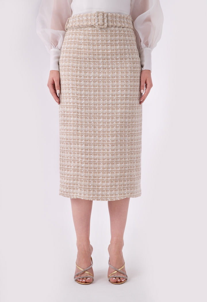 Choice Lurex Tweed Belted Long Skirt Beige