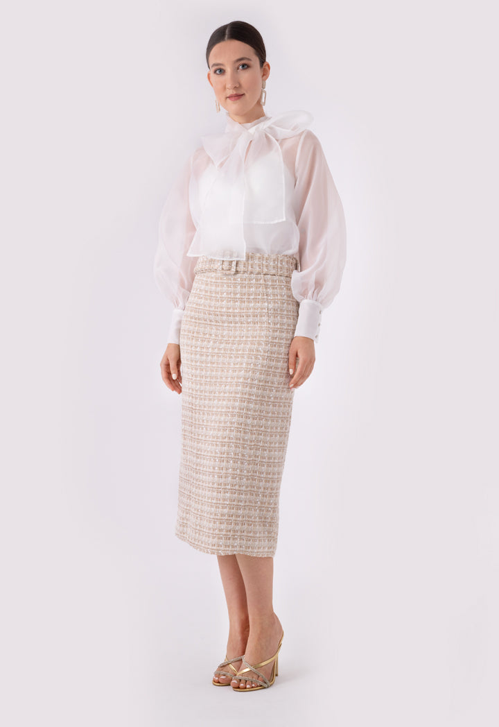 Choice Lurex Tweed Belted Long Skirt Beige