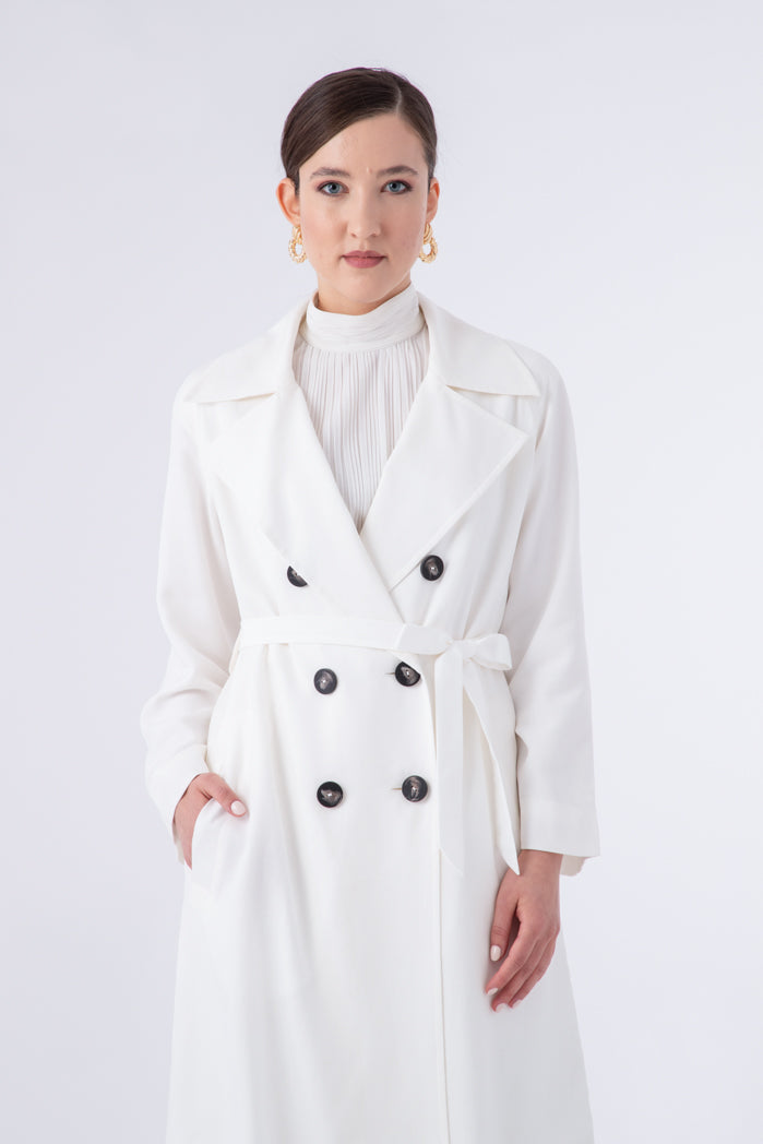 Choice Double Breasted 6-Button Notched Lapel Trench Coat Off White