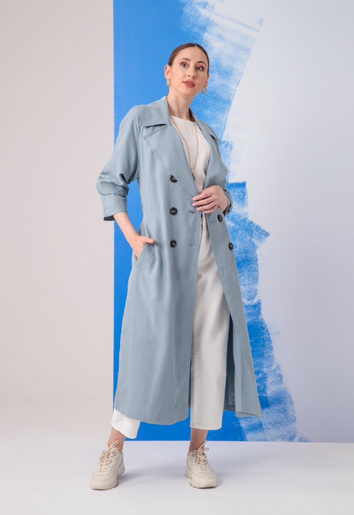 Choice Double Breasted 6-Button Notched Lapel Trench Coat Blue