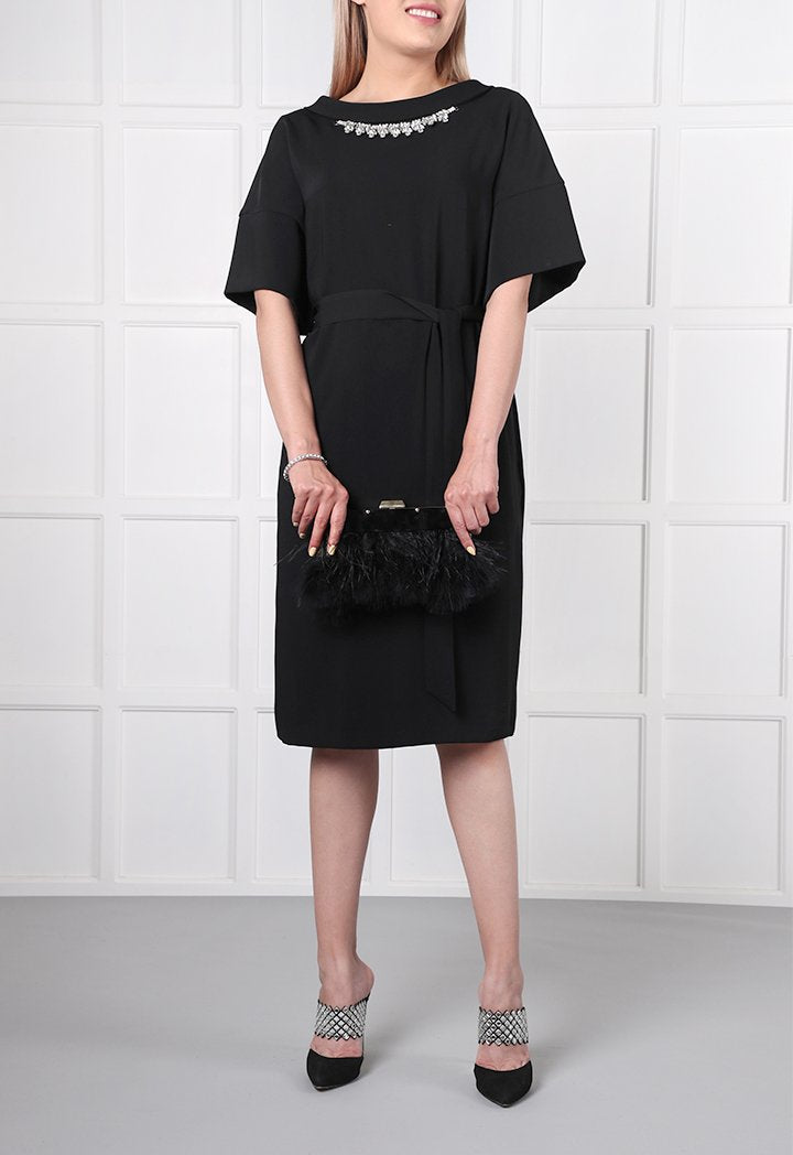 Choice Necklace Embellished Kimono Dress Black - Wardrobe Fashion