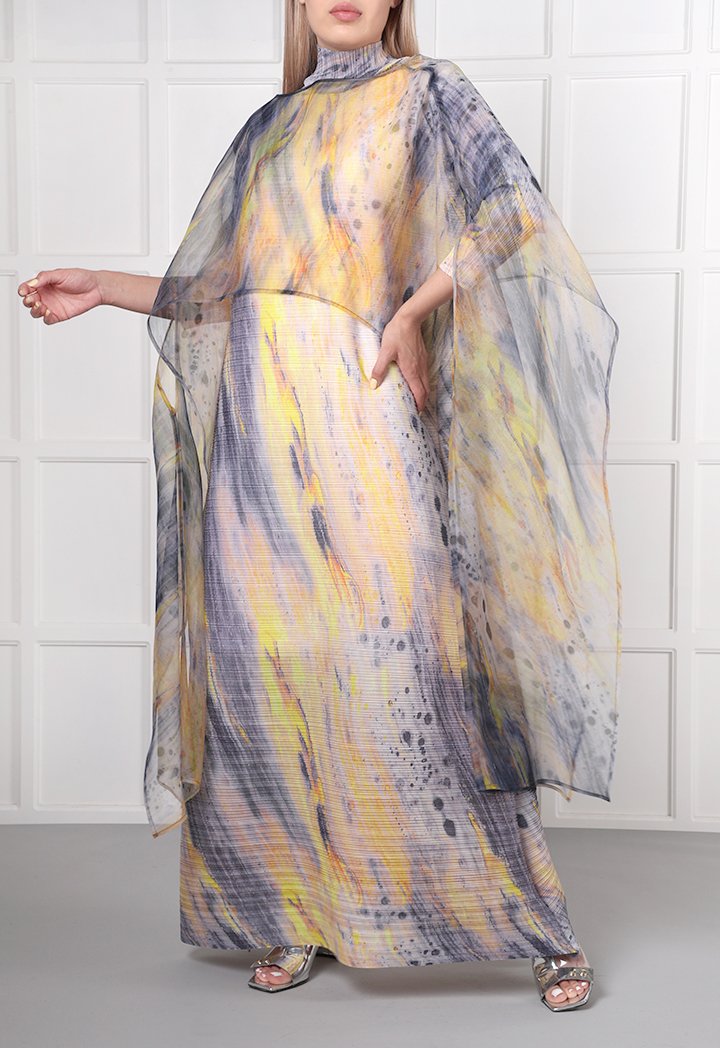 Choice Printed Chiffon Poncho Yellow - Wardrobe Fashion