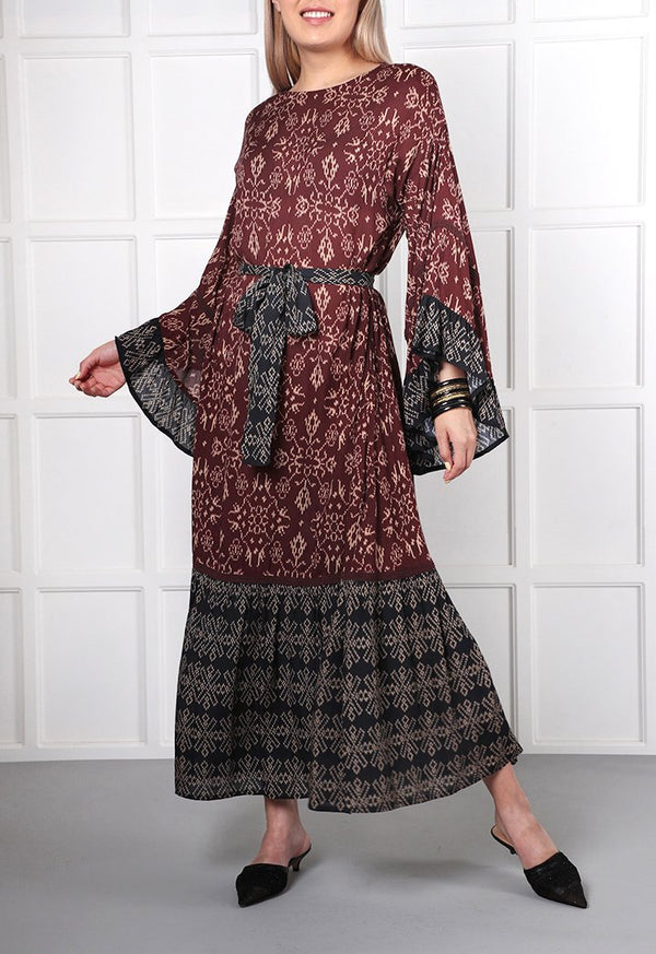 Choice Geometric Print Midi Dress Burgundy - Wardrobe Fashion