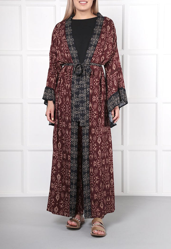 Choice Geometric Print Kimono Burgundy - Wardrobe Fashion