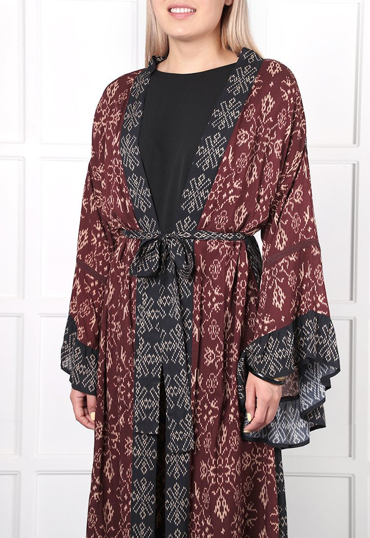 Choice Geometric Print Kimono Burgundy - Wardrobe Fashion