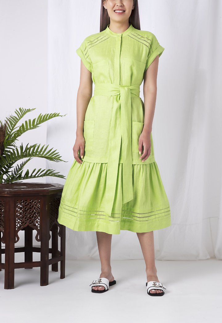 Choice Patch Pocket Ruffle Trim Dress Green - Wardrobe Fashion