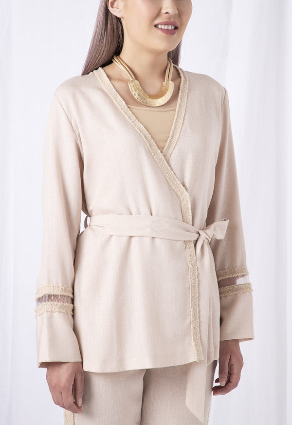 Choice Linen Lurex Trim Kimono Beige - Wardrobe Fashion