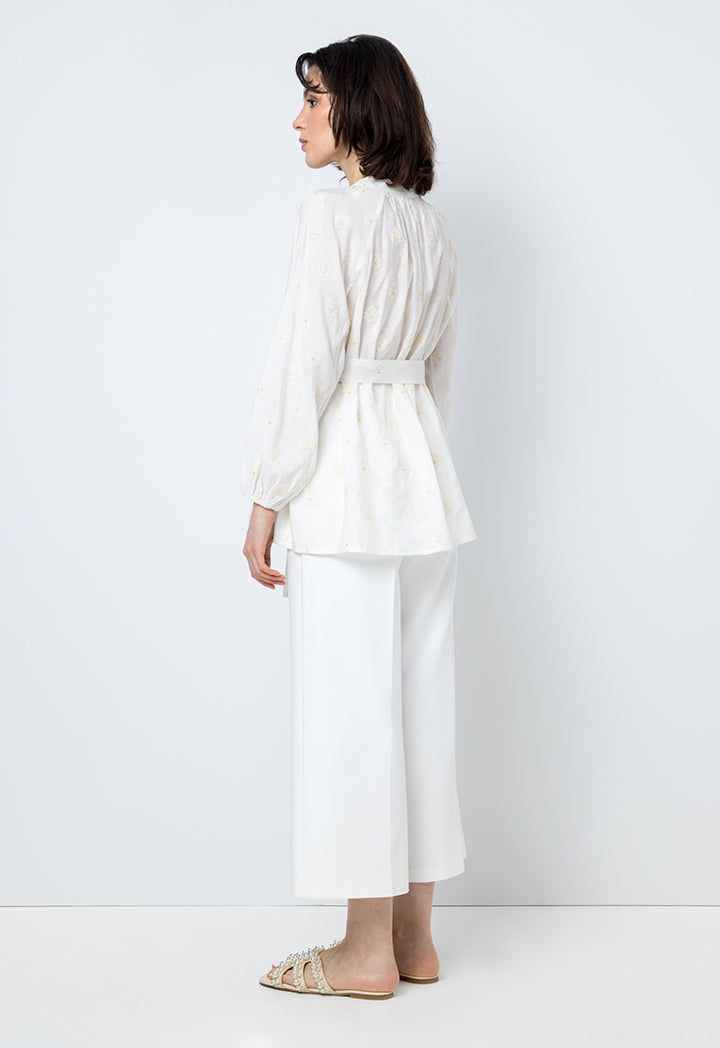 Choice Solid Embroidered Long Sleeves Shirt Offwhite