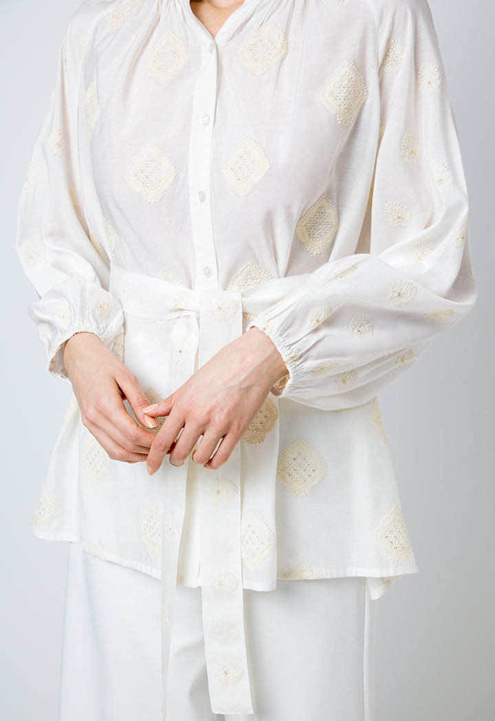 Choice Solid Embroidered Long Sleeves Shirt Offwhite
