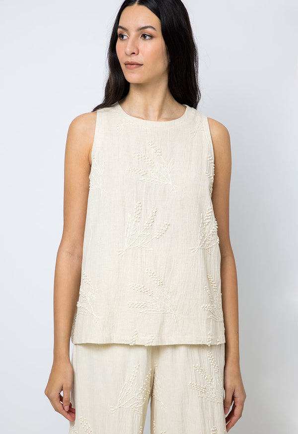 Choice Solid Embroidered Sleeveless Top Beige