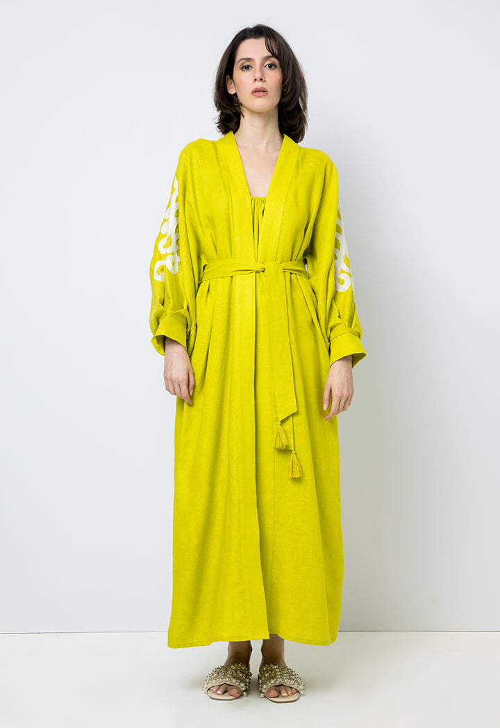 Choice Solid Kimono Sleeves Belted Abaya Lime