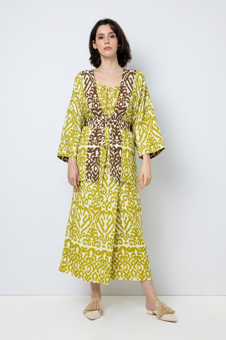 Choice Patterned Kimono Outerwear With Belt Lime