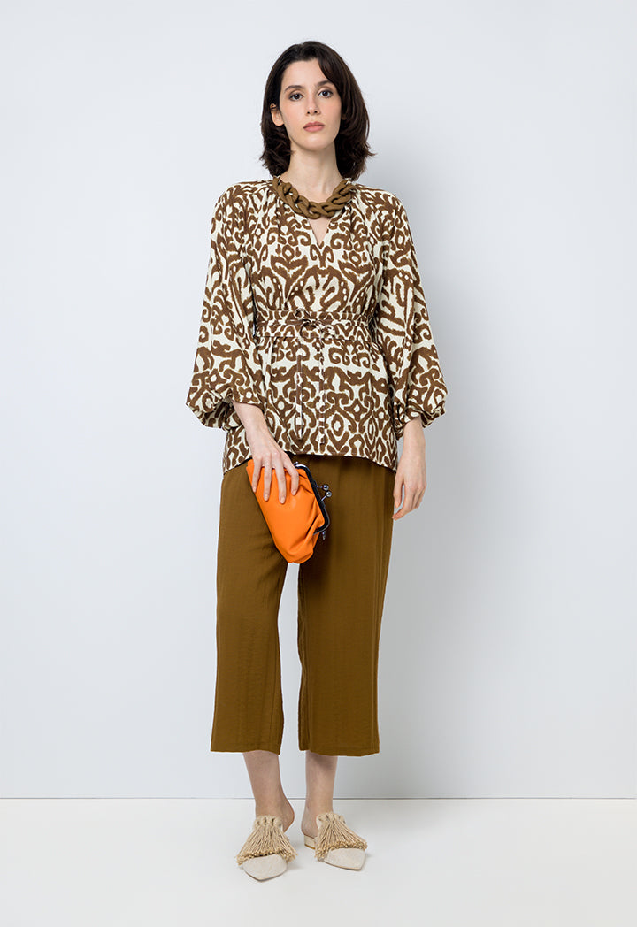 Choice Patterned Blouse With Chain Collar Brown