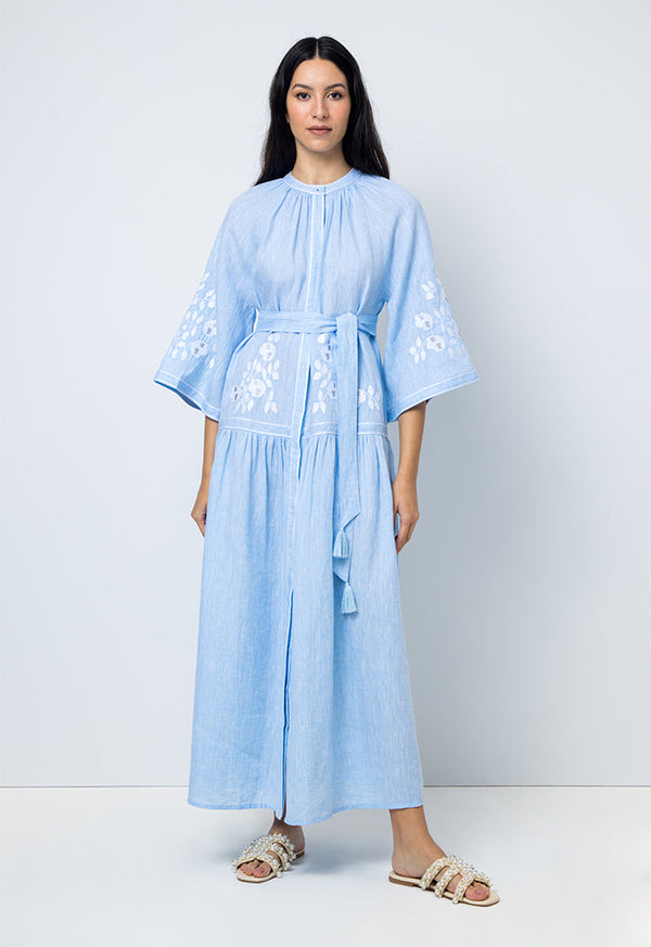 Choice Solid Embroidered Maxi Dress Light Blue
