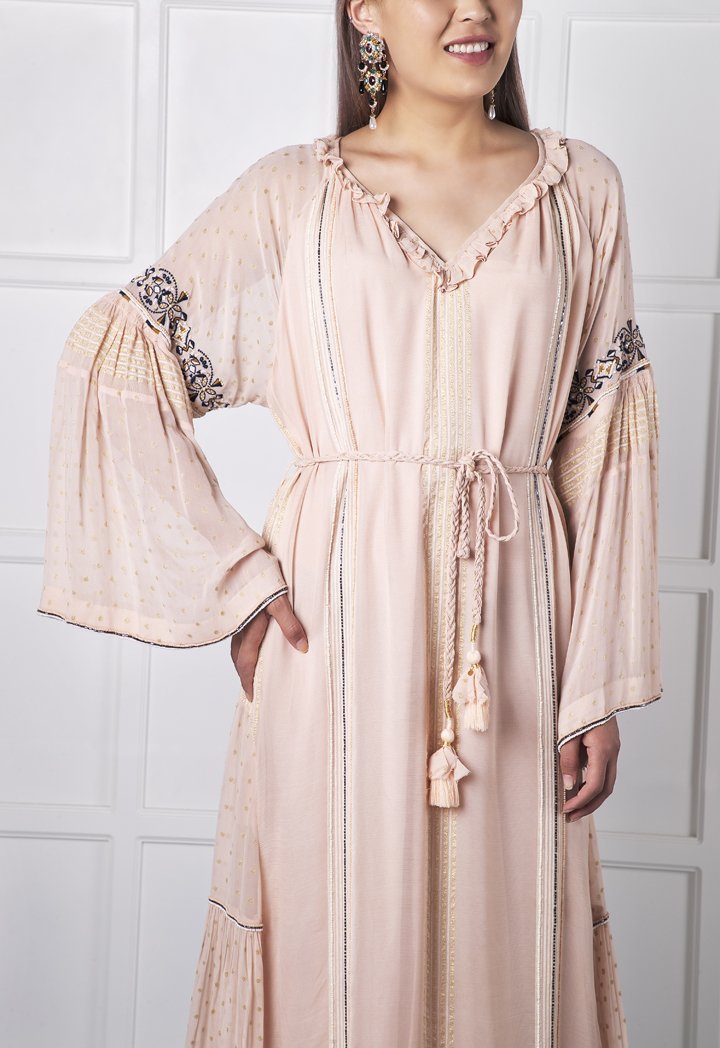 Choice V-Neck Lurex Beaded Midi Dress Blush - Wardrobe Fashion