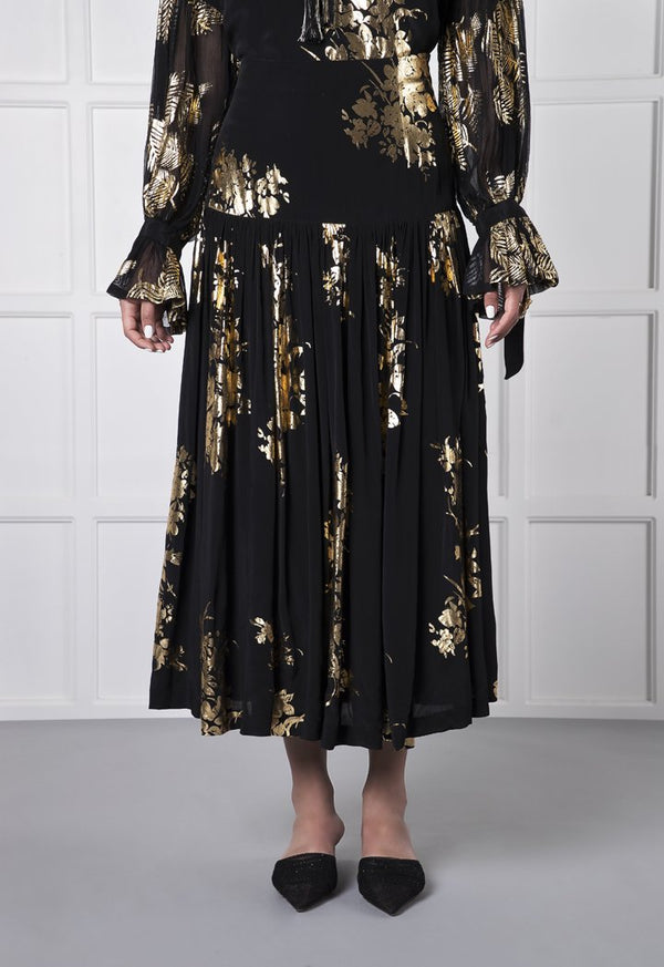 Choice Black Floral Foil Print Skirt Black - Wardrobe Fashion