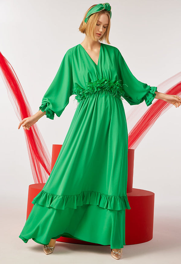 Choice Ruffle Fringe Tiered Solid Dress Green